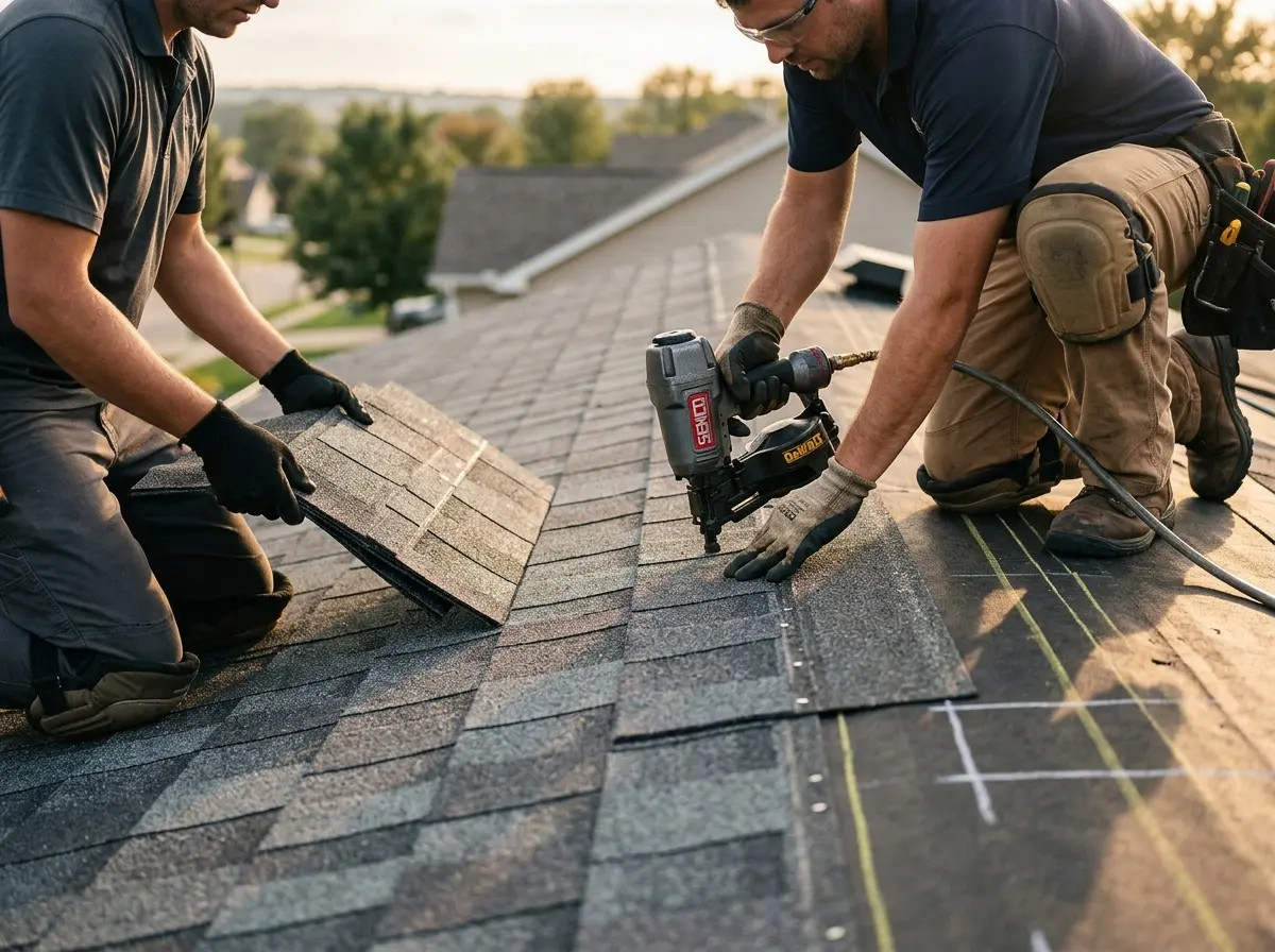 Professional roofer working on a residential roof in Meridianville